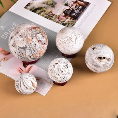 JIC Gem Natural Mexican White Agate Crystal Sphere with Wooden Stand Decorative Crystal Ball White Gemstone Sphere for Meditation,Feng Shui,Witch-Style Decor,Table 70-80mm
