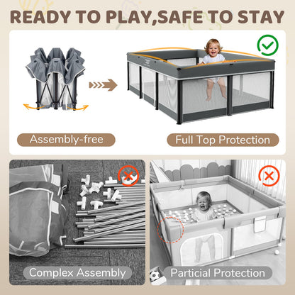 Foldable Baby Playpen with Mat - 74"X50" Large Play Yard for Babies and Toddlers - Indoor & Outdoor Portable Playpen with Storage Bag & 30 Ocean Ball - Baby Fence with Visible Mesh & Zipper Door,Grey