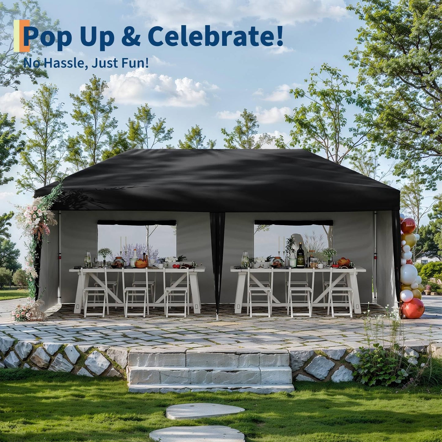 10x20 Pop Up Canopy with 4 Sidewalls, Beach Ten with One Push Setup, Heavy Duty Outdoor Instant Canopy Tent with Portable Roller Bag, Silver Coated Top, 3 Adjustable Height, Sandbags,Black