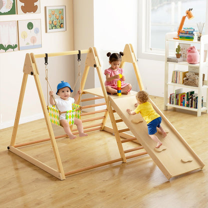 OLAKIDS Indoor Jungle Gym, 3 in 1 Wooden Foldable Montessori Toddler Climbing Toys with Adjustable Baby Swing Ramp Ladder