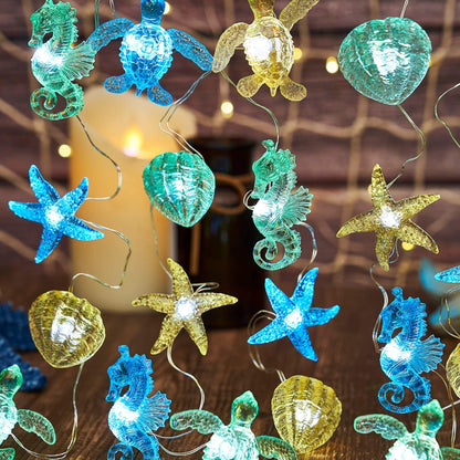 Belniak Nautical Theme Ocean Décor Beach Decorative String Lights Outdoor Seahorse Sea Turtle Starfish Shell Cute Marine Life Novelty Night Lights 30LED 10ft Battery Operated
