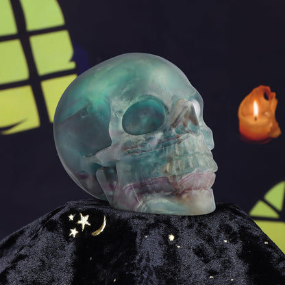 LEADGEM Crystal Skull Head Statue Hand Carved 3.0" Rainbow Fluorite Polished Gemstone Skull Stone Figurine Crafts Ornament for Home Office Halloween Decor