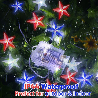 4th of July Decorations Red White and Blue String Lights Battery Operated 16FT 50 LED Patriotic Fairy Lights with Timer & Remote for Independence Day Memorial Day Fourth of July Decor for Home