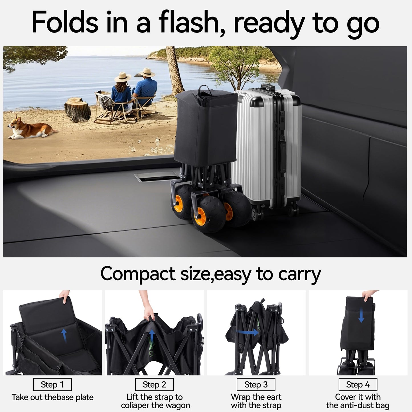 DXZ Beach Wagon Cart with Big Wheels for Sand – Folding Collapsible Wagon, Heavy Duty Wagons Carts Foldable for Beach, Camping, Outdoor Gear, Easy Setup Black Yellow