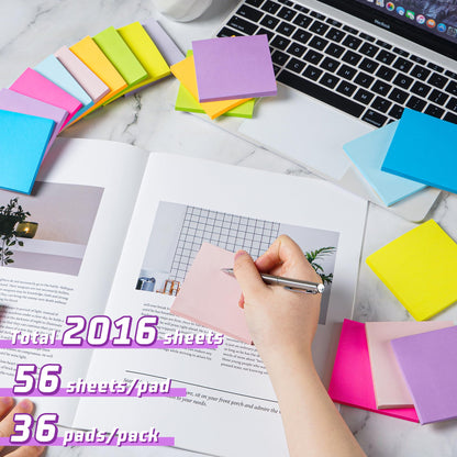 (36 Pack) Sticky Notes 3x3 in Post, 9 Bright Colors Self-Stick Note Pads it, Strong Adhesive, Easy to Post for Home, Office, Notebook
