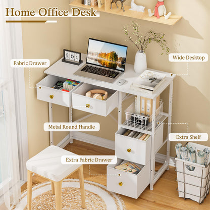 3IngSeagulls Small Computer Desk with 4 Fabric Drawers, Simple Writing Desk for Home Office, Compact Study Desks for Small Spaces, Kids Desk Study for Bedroom, White