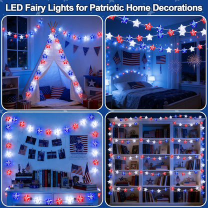 100 LED 4th of July Decorations American Star Fairy Lights Battery Operated, 2 Sets Mini Red White and Blue Star Twinkling Lights Remote & Timer with 8 Modes for Home Memorial Day Patriotic Decor