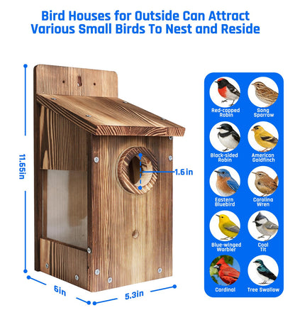 Zxweqr Natural Wood Birdhouse for Outside, Wooden Nesting Box with Circular Entrance Hole and Perch， Blue Bird Houses for Outdoors with Clear View Panel & Predator Guard for Blue Robin, Wren, Swallow