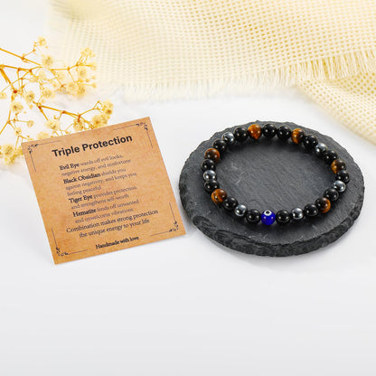 Gnamy Triple Protection Beaded Bracelet Gifts for Men, Tiger Eye Hematite Black Obsidian Evil Eye Bracelets Christmas Birthday Valentines Anniversary Healing Sobriety Jewelry Gifts for Husband Dad Boyfriend Brother Him
