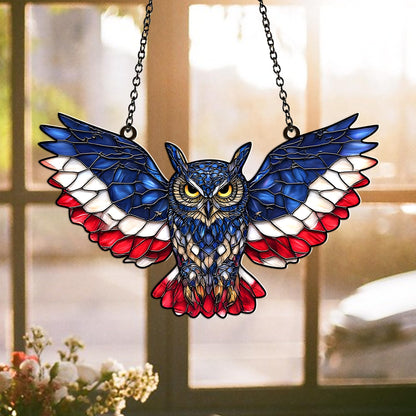 American Flag Owl Suncatcher Acrylic Suncatcher Window Hanging Ornament Patriotic Owl Decor for Home, Garden, Office 4th of July Gifts Bird Ornament for USA Lovers, Veterans, Nature Fans