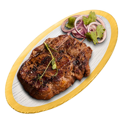 Tempered Glass Oval Meat Serving Tray – Durable Food Platter for Serving Dishes, Party Trays and Platters, Microwave Oven & Dishwasher Safe Decorative Tray – 8.5 x 14 Inch, Gold