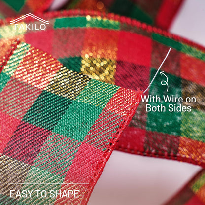 FAKILO Christmas Wired Ribbon 2-1/2 inch x 10 Yards Gold Red and Green Gingham Buffalo Plaid Tartan Christmas Ribbon for Tree Wreath Decor Gift Wrapping Topper Bow Making