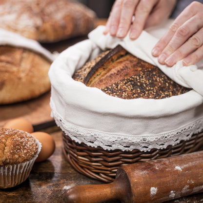 CASADEMA Bread Warmer Basket with Warming Stone (Large Oval 12 x 9) - Bundled w/Linen Bread Bag & Bread/Sugar Saver - Bread Baskets for Serving with liner and lid - Bread Serving Basket for Table