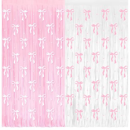 4 Pack Pink Bow Party Backdrop Decoration Pink Bow Foil Fringe Curtains for Girls Bow Birthday Baby Shower Decorations Bridal Shower Bachelorette Party Decor Supplies 3.2ft X 8.2ft