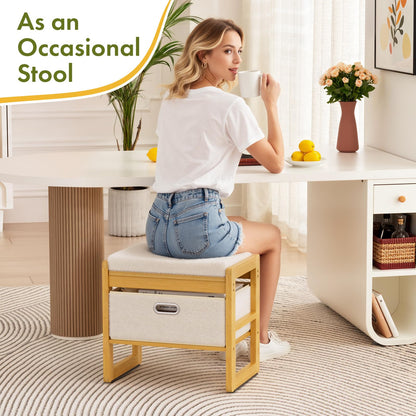 Atoping Storage Ottoman, Bamboo Footstool with Drawer, 3-in-1 Soft Ottoman with Storage, Multifunctional Footrest, Seat & Organizer for Living Room, Bedroom, Entryway Gift Set for Family