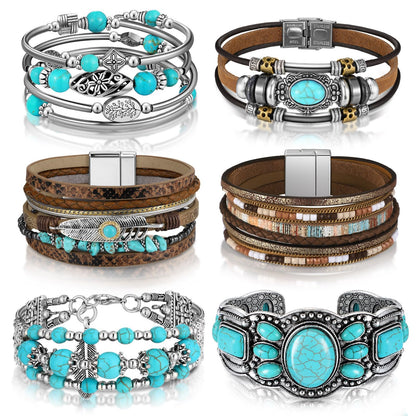 Sasylvia 6 Pcs Turquoise Bracelet for Women Leather Bracelet Western Jewelry for Women Multilayer Boho Cuff Bangle Set(Retro)