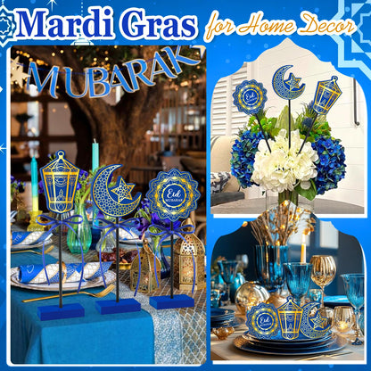 3 PCS Ramadan Table Decorations Wooden Eid Mubarak Signs Rustic Islamic Ramadan Tiered Tray Decor for Muslim Party Home Kitchen Decor (Blue.Classic)