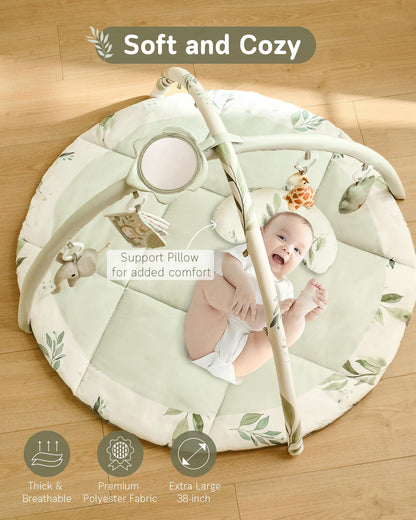 Fortella Baby Play Gym & Activity Mat, Machine Washable & Foldable Tummy Time Mat with 5 Detachable Toys, Certified Safe Newborn Essentials Gift for Baby Registry 0-12 Months (Sage Green)