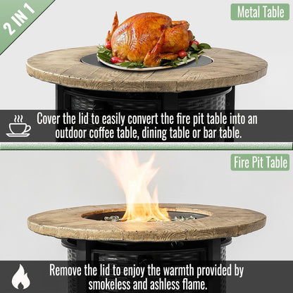 GDFStudio 30" Round Propane Fire Pit Table, 50000 BTU Outdoor Gas Heater with Faux Wood Grain Top & Glass Beads, for Patio Deck Garden Backyard, Black