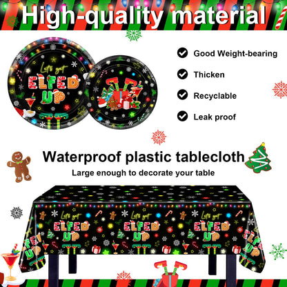 Lecheme Christmas Party Decorations 300 PCS Let's Get Elfed Up Backdrop Tableware Plates Napkins Serve 24 Friendsmas Balloon Arch Elf Christmas Party Supplies