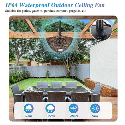 She's home 20'' Outdoor Gazebo Fan with Lights and Remote, Outside/Indoor Hanging Rattan Ceiling Fan, 3CCT Dimmable, 6-Speed DC Motor, Plug-in Wicker Woven Caged Ceiling Fans for Patio Porch Pergola