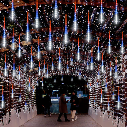 LAMPHOME 12in Red White Blue Patriotic Icicle Lights, 4th of July Outdoor Lights Meteor Shower Snow Falling Lights 10 Tubes 240 LED Waterproof Plug in, Fourth of July Outdoor Decor for Yard Tree House