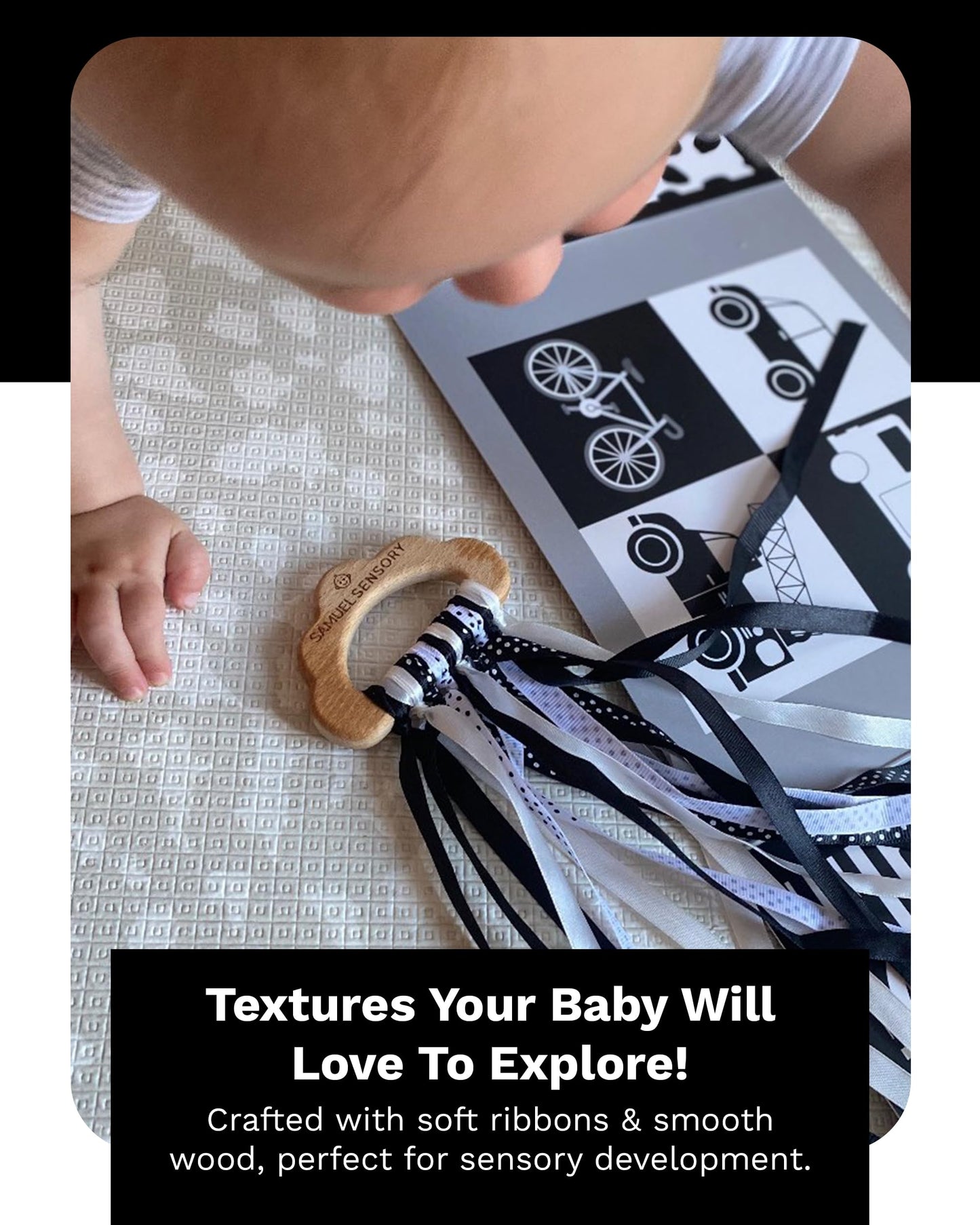 Samuel Sensory Toys Cloud Ribbon - Black and White Baby Toys 0-3 Months Made with Beech Wood & Soft Grosgrain and Satin Ribbon - Developmental High Contrast Baby Toys & Tummy Time Toys