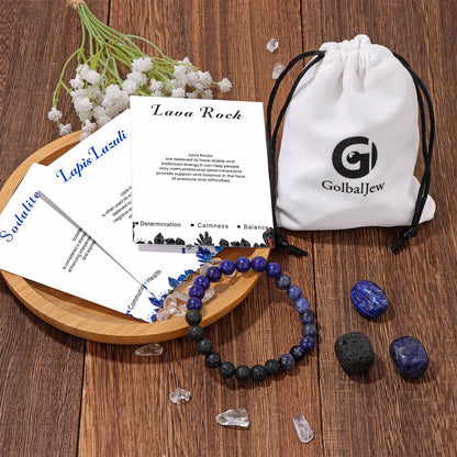 GolbalJew Natural Stone Beads Bracelet With Healing Stones Crystal Beginner Gift Set of 4 for Emotional Balance, Blue Lapis Lazuli, Lava Rock, Sodalite, Apatite, Turquoise, Amazonite, Obsidian, Hematite, Tiger's eye Palm Stones