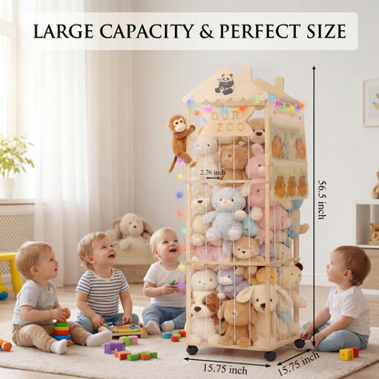 Stuffed Animal Storage, Extra Large Stuffed Animal Organizer with Wheels, Wooden Tall Animal Zoo Display Tower, Plushies Toy Holder with Lights and Pockets for Nursery, Playroom, Bedroom