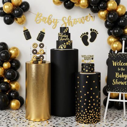 Tigeen 3 Pcs Cylinder Pedestal Stand Covers for Party Cylinder Pedestal Covers Decoration Elastic Pillars Plinth Display Cover for Birthday Wedding Baby Shower Table Decor(Classic,Gold and Black)