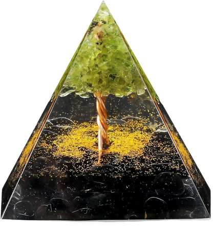 EternalOrgone Tree of Life Orgone Pyramid for Positive Energy, Orgonite Peridot&Obsidian Healing Crystal Pyramids for Reduce Stress Chakra Reiki Healing Meditation Attracts Lucky and Success