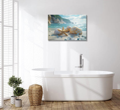 NGXIPUST Blue Coast Beach Canvas Wall Art Ocean Starfish Conch Seashell Paintings Pictures Wall Decor Summer Seaside Theme Poster Printing Artwork for Bathroom Bedroom Living Room Home Decoration