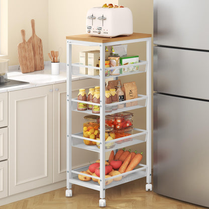 Hoctieon Rolling Storage Cart, 5-Tier 11.8" Wide Rolling Kitchen Storage Cart, Utility Cart with Handle & Wheels, Mobile Shelving Unit, Metal Frame Narrow Cart for Home Kitchen, Laundry, Oak Beige