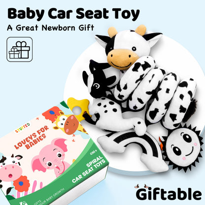 Spiral Car Seat Baby Toys 0-6 Months, Infant Carseat High Contrast Sensory Toys Hanging Stroller Accessories, Newborn Shower Gifts for Baby Boys Essentials Stuff, Cute Black and White Cow