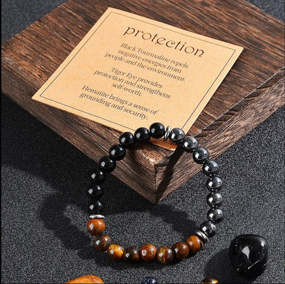Triple Protection Healing Crystal Beaded Bracelet – Tiger Eye, Black Tourmaline & Hematite Natural Stone Jewelry – Strength & Positive Energy Gift for Men & Women – Christmas & Anniversary