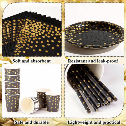 PHOGARY 61 Pcs Black Gold Disposable Tableware Set, Paper Plates and Napkins Party Supplies Dinnerware Golden Dot Black Plates Cups Straws Napkins Plastic Tablecloths for Birthday Party Decorations