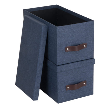 Bigso Silvia Organizational Storage Box with Leather Handle for Shelves and Stacks Easily - Durable and Decorative Storage Boxes with Lids - 5.9 in x 6.5 in x 11.6 in - 2 Pack - Blue