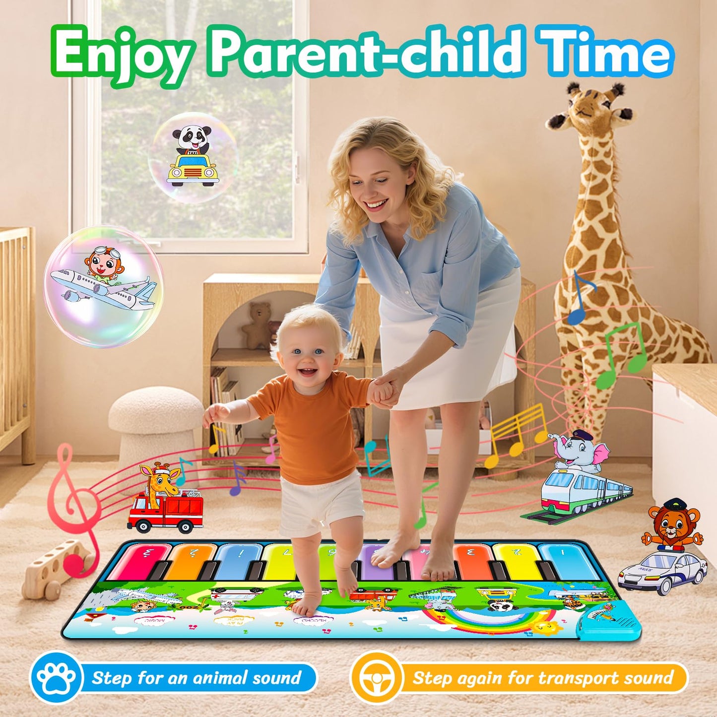 FUCEORUY Piano Mat Musical Toys for Toddlers 1-3, Sensory Learning Toy Floor Piano Playmat Toys for 1 2 Year Old Boy Girl Gifts, with 7 Animal, 7 Vehicle & 10 Songs Sound (Kids Edition)