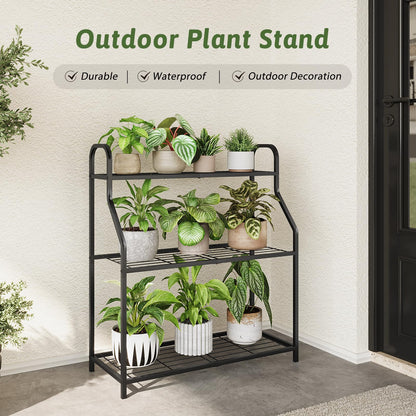 GENTINGBRO Plant Stand Outdoor 3 Tier Plant Stand Metal Plant Stands Waterproof Plant Holder Rack for Indoor Use Robust Flower Stand Plant Shelf for Living Room Balcony Garden Black