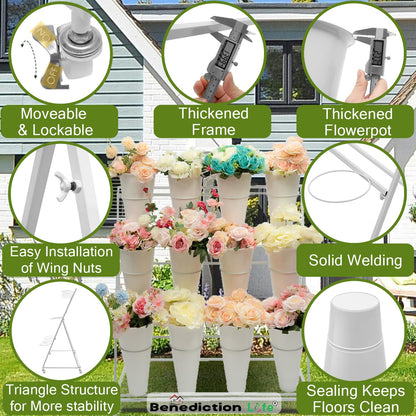 Benediction Life Flower Display Stand With Wheels,3 Layers Plant Cart with 12PCS Buckets,Heavy Duty Moving Flower Rack for Indoor, Outdoor Patio Garden, Living Room, Florist, Delivered in Two Packages