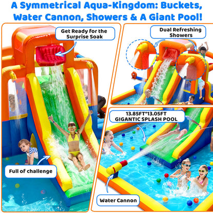 Umbalir 19x13FT Water Slide with 3 Climbing Walls, Jumbo Pool, Water Park with 2 Stair-Steps & Back Rock Wall, 2 Overhead Sprinklers & Water Cannon, 99" Long Slide, Multi-Kid Racing Bounce House