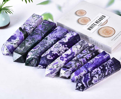 Purple Moss Agate Stone Tower Obelisk Healing Crystal Rock Point Wand Reiki Healing Gifts 1.1-1.7 LBS