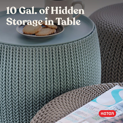 Keter Urban Knit Pouf Ottoman Set of 2 with Storage Table for Patio and Room Décor - Perfect for Balcony, Deck, and Outdoor Seating, Misty Blue & Taupe