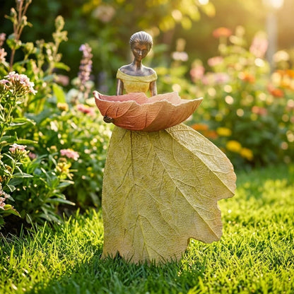 DiliComing Fairy Garden Statue Bird Feeder - 12 Inch Fairy Statue for Home Decoration, Resin Outdoor Statues for Garden Decoration, Best Bird Feeder Gift for Women(Yellow)