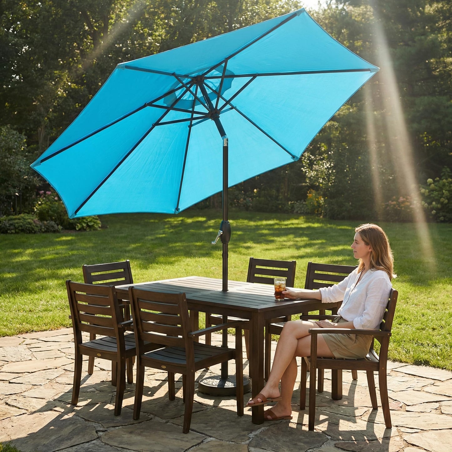 Wisteria Lane Outdoor Patio Umbrella, Market Umbrella, Large Outdoor Umbrella, Metal Pole Umbrella with Push Button Tilt and Crank, Polyester Canopy, Light Blue