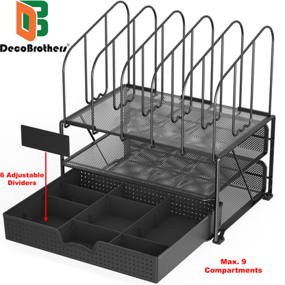 Deco Brothers Mesh Desk Organizer with Double Tray, 5 Upright Sections and Sliding Drawer, Black