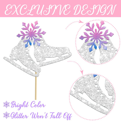 Ice Skating Centerpiece Sticks Snowflake Ice Sports Theme Party Decorations 12PCS Glitter Silver Ice Skate Baby Shower Table Topper Decorations for Skating Birthday Party Supplies