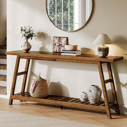 ChooChoo 70.9 Inch Long Console Tables for Entryway, Wood 2-Tier Entry Hallway Table, Narrow Sofa Table Behind Couch Table for Living Room, Entrance, Walnut