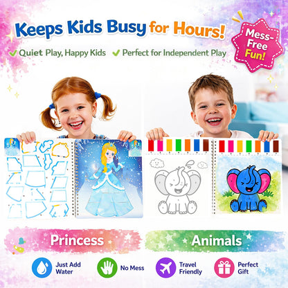 2 In 1 Sticker Paint Books, Animal&Princess Theme Paint Water Coloring Books for Toddlers with 2 Paint Brushes, Mess Free Coloring, Preschool Education, Arts&Crafts Drawing Activities Birthday Gift