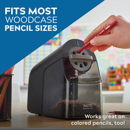 X-ACTO Pencil Sharpener, School Pro Electric Pencil Sharpener, With Six Size Dial, XL Shavings Bin, Black, 1 Count - Heavy Duty, Teacher and School Supplies